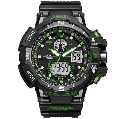 Sport watch with LED display, black and green accents, SMAEL logo, water resistant 30M on Tampa Home & Garden Store