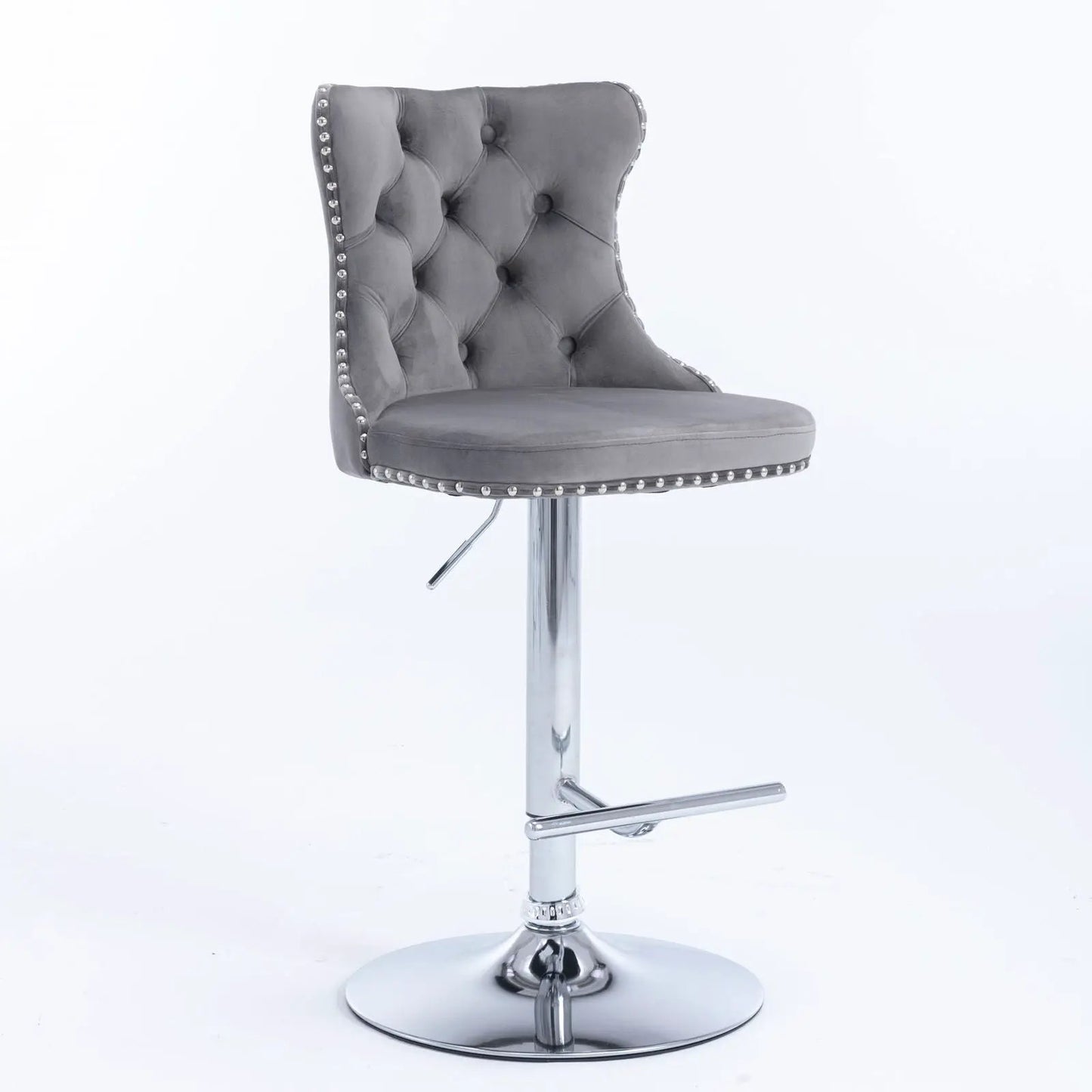 Swivel bar stool with grey tufted upholstery, chrome pedestal base, adjustable height 25–33 in on Tampa Home & Garden Store