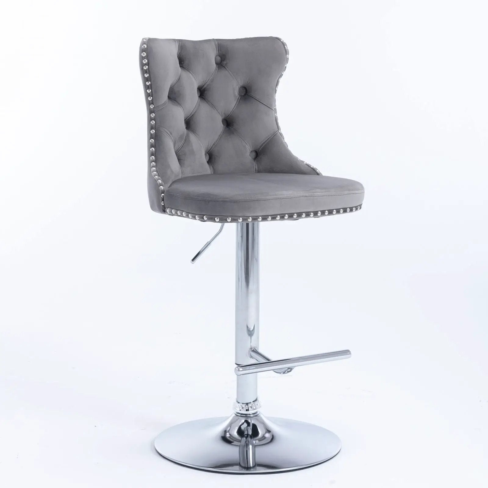 Swivel bar stool with grey tufted upholstery, chrome pedestal base, adjustable height 25–33 in on Tampa Home & Garden Store
