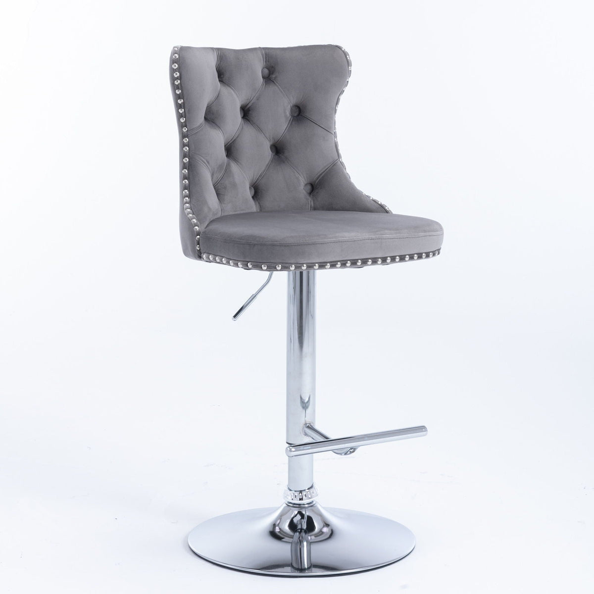 Set of 2 swivel barstools with tufted gray upholstery, chrome pedestal base, studded trim on Tampa Home & Garden Store