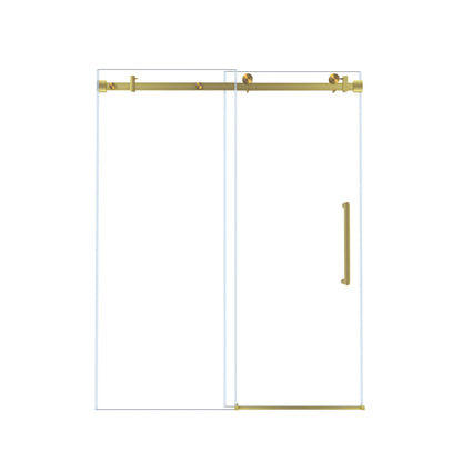 Frameless single sliding shower door with handle and gold square-tube track HouseOfZazla on Tampa Home & Garden Store