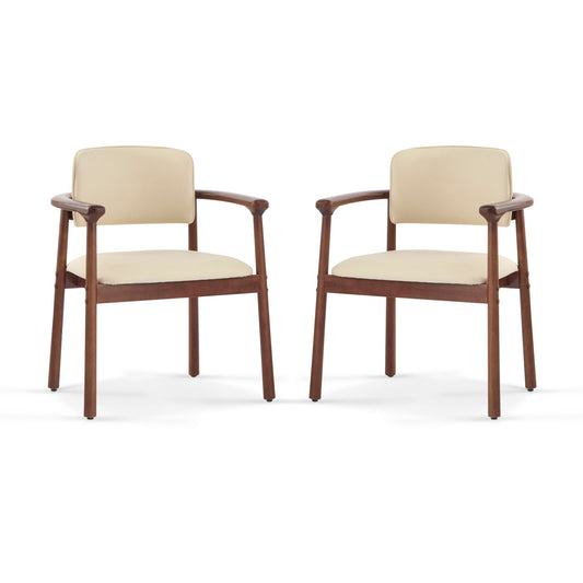 Dining room chairs set of 2 in beige upholstery with dark walnut frames and curved arms on Tampa Home & Garden Store