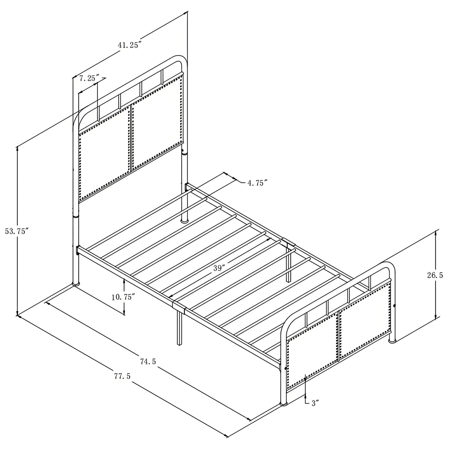 Twin upholstered platform bed frame with metal rails and fabric headboard footboard HouseOfZazla on Tampa Home & Garden Store