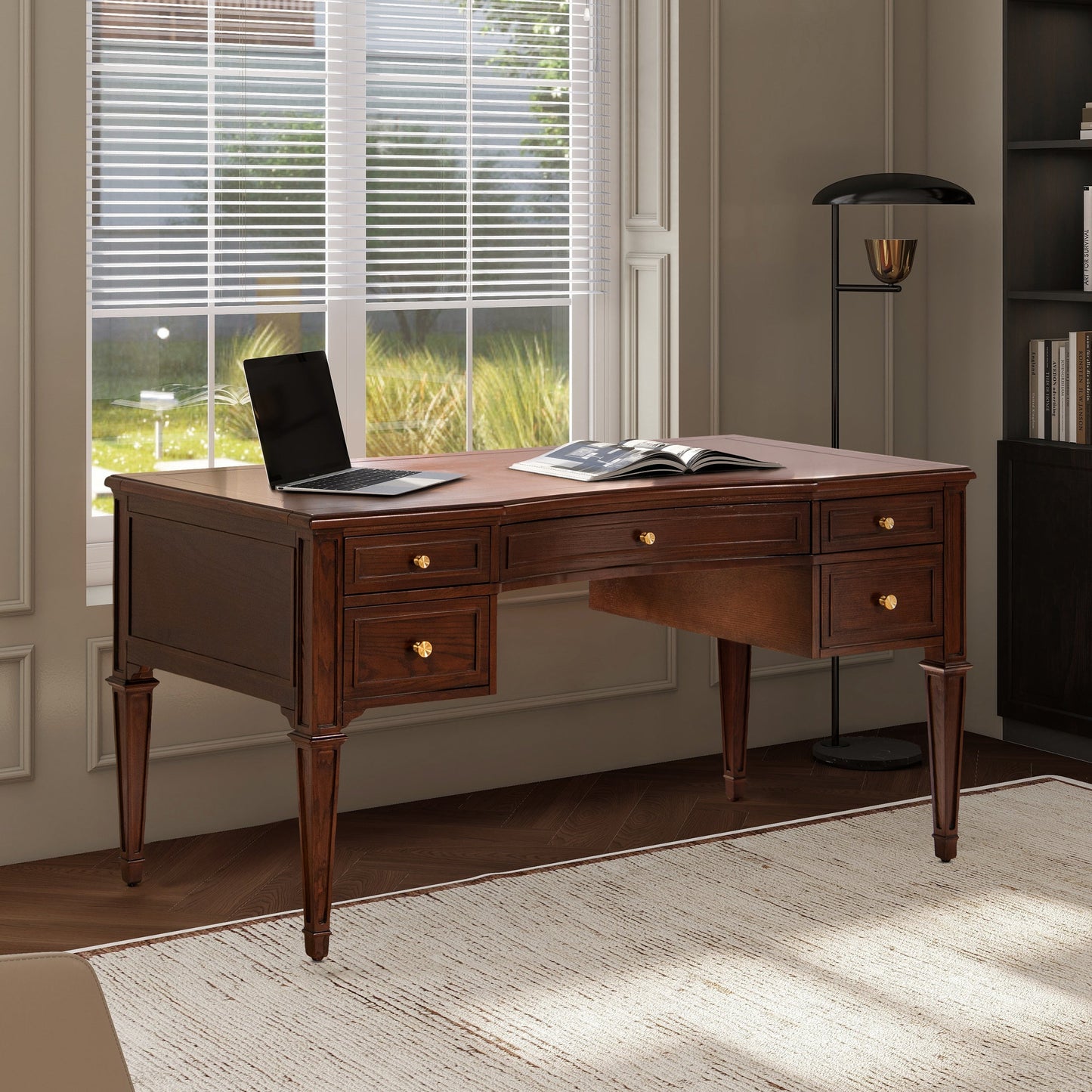 Dauphin Gold Accent 5-Drawer Wood Executive Desk in dark walnut ash veneer with brass knobs on Tampa Home & Garden Store