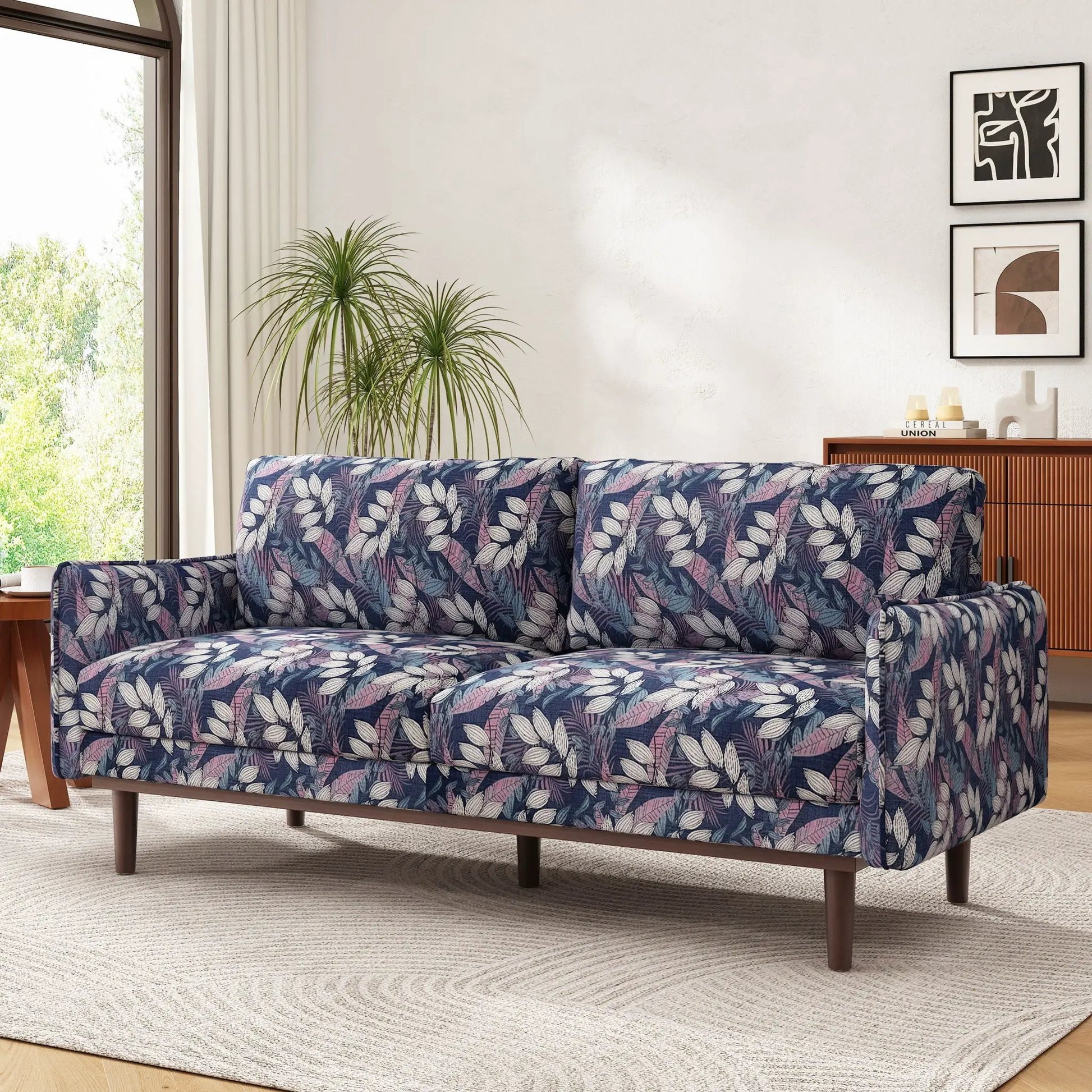 2-Seater Loveseat Sofa with spacious seating, blue botanical leaf upholstery, wooden legs on Tampa Home & Garden Store