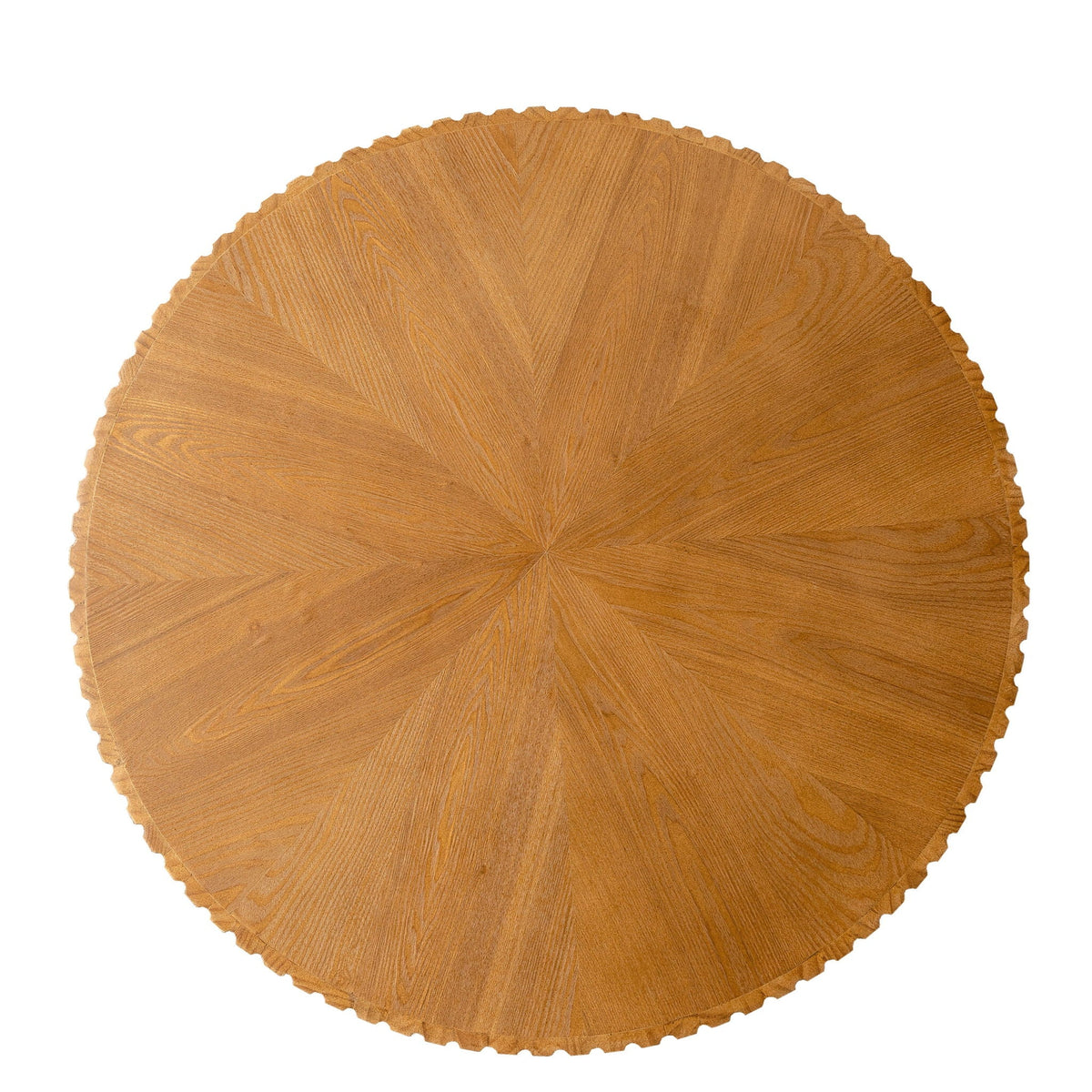 Round retro coffee table in warm oak finish with radial wood grain and scalloped edge on Tampa Home & Garden Store