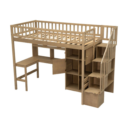 Loft bed with built-in L-shaped desk, stairs, and storage cabinets in natural wood finish on Tampa Home & Garden Store