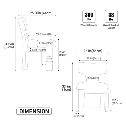 Dimensioned schematic of 2 armless curved-back accent chairs by Unique Piece Furniture on Tampa Home & Garden Store