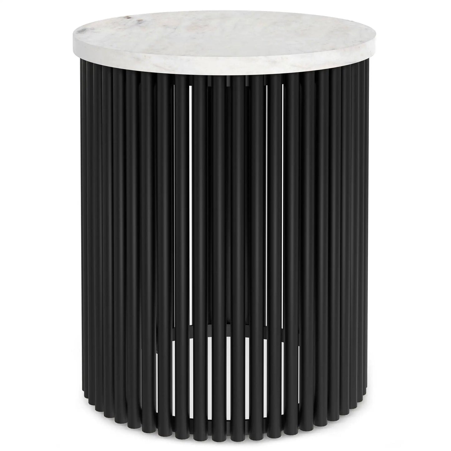 Demy handcrafted metal accent table with white marble top and black ribbed base on Tampa Home & Garden Store