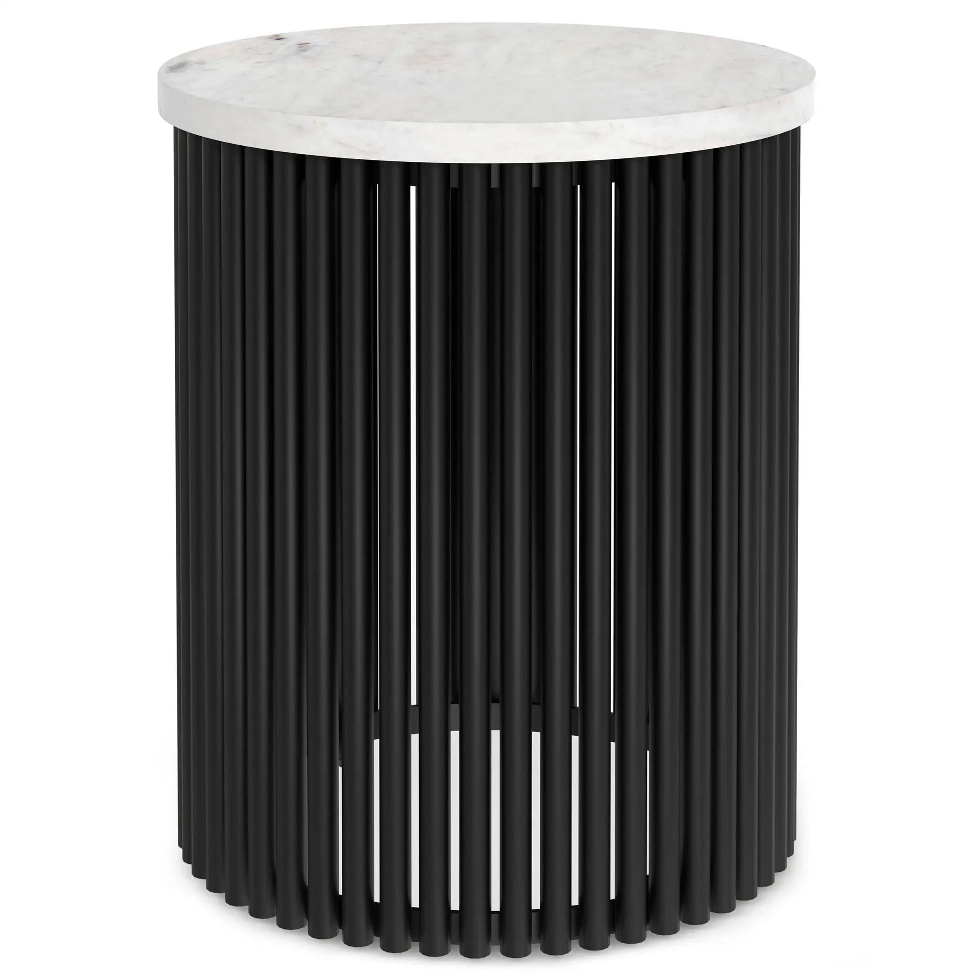 Demy handcrafted metal accent table with white marble top and black ribbed base on Tampa Home & Garden Store