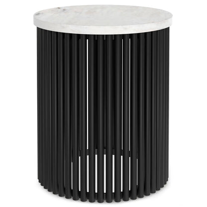 Demy handcrafted metal accent table with white marble top and black ribbed base on Tampa Home & Garden Store