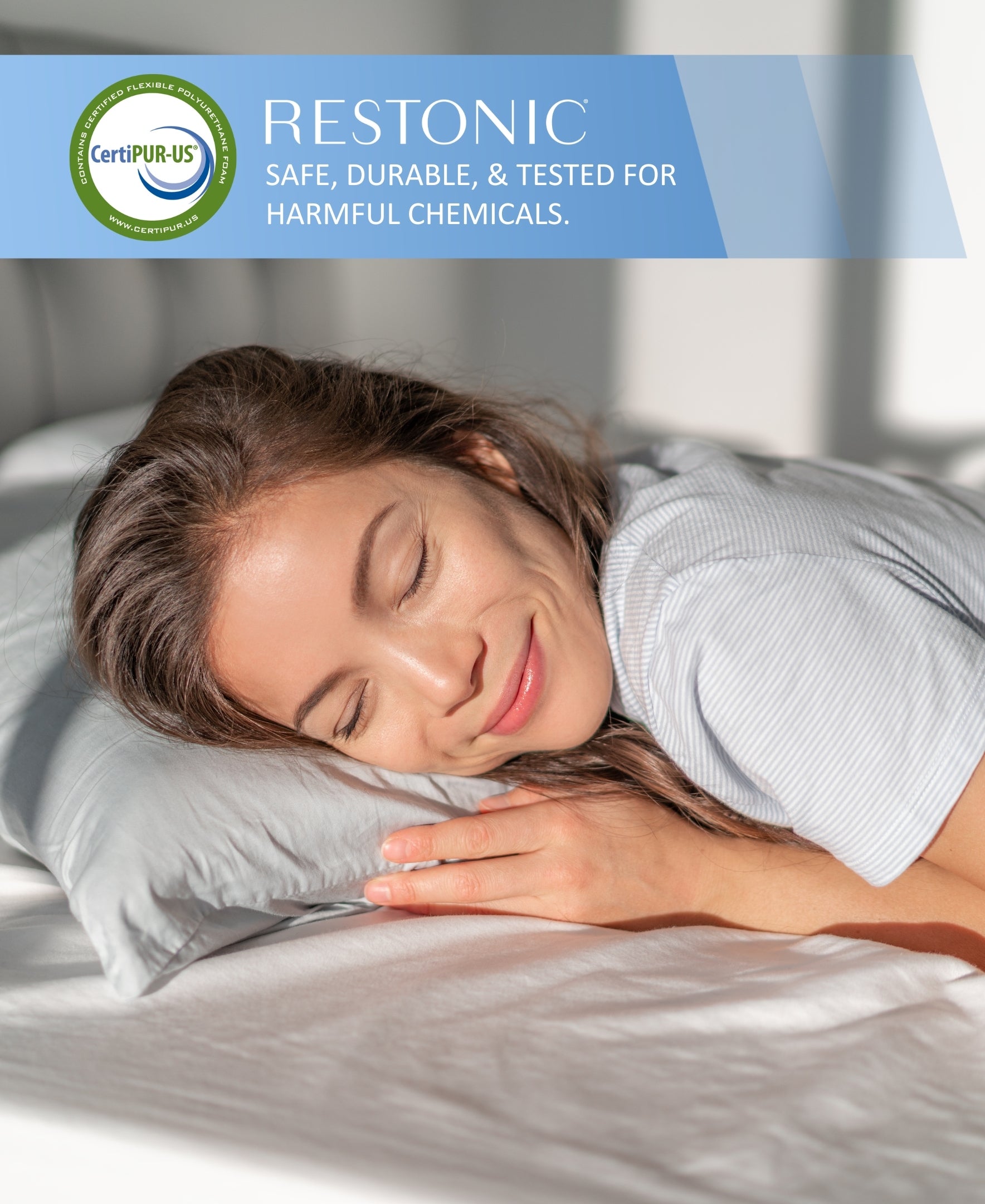 Mattress Restonic ComfortCare Hybrid Plush King by HouseOfZazla, sleeping woman on bed on Tampa Home & Garden Store