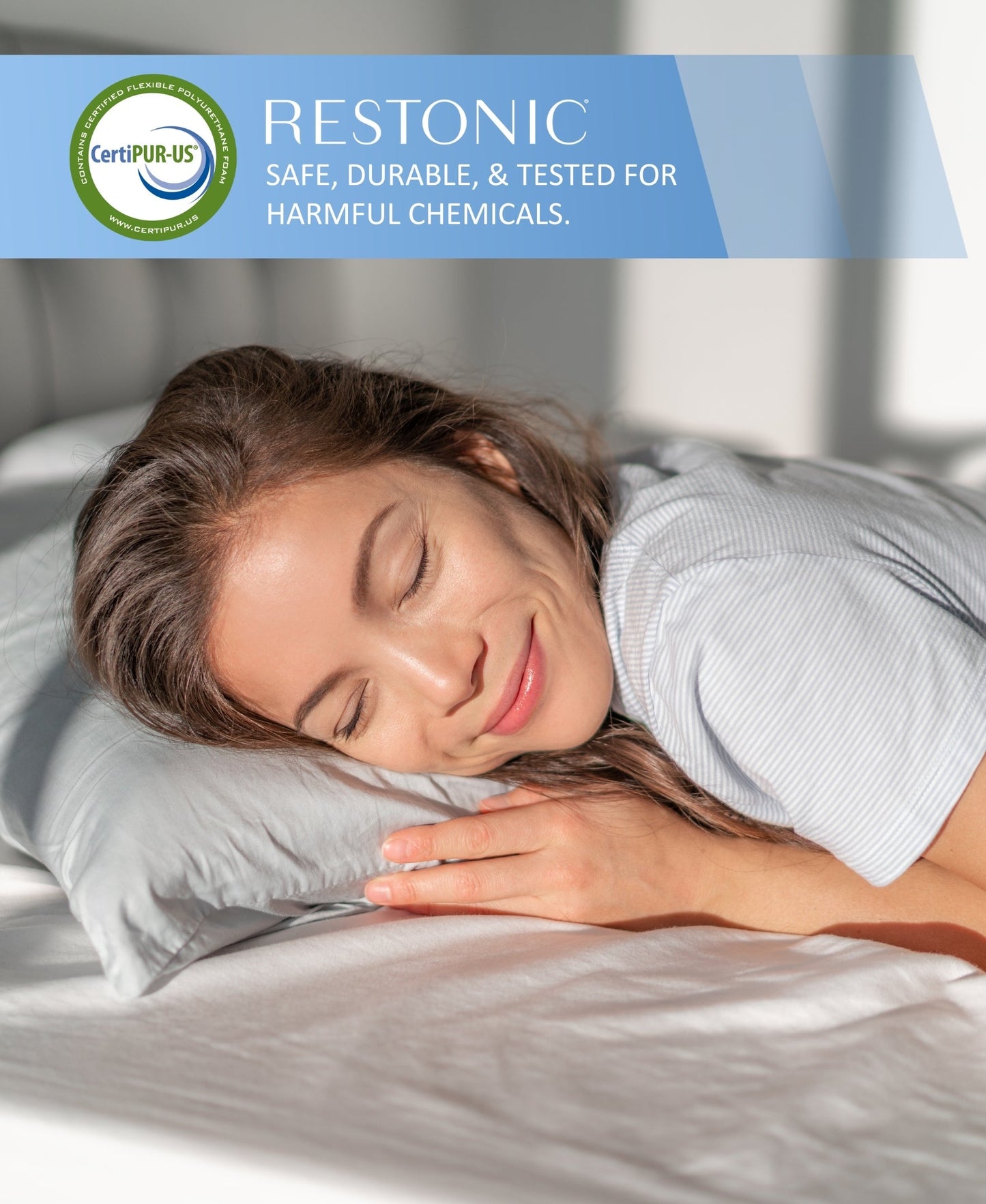 Restonic ComfortCare Hybrid Restful Nights Firm Queen Mattress; sleeping on white sheets on Tampa Home & Garden Store
