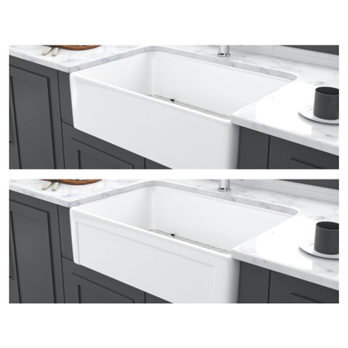 Apron-front reversible single-bowl sink with white interior and marble countertop on cabinetry on Tampa Home & Garden Store