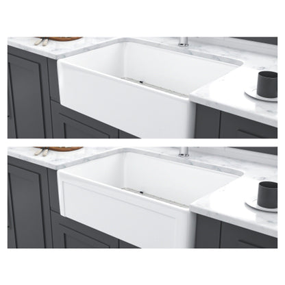 Apron-front reversible single-bowl sink with white interior and marble countertop on cabinetry on Tampa Home & Garden Store
