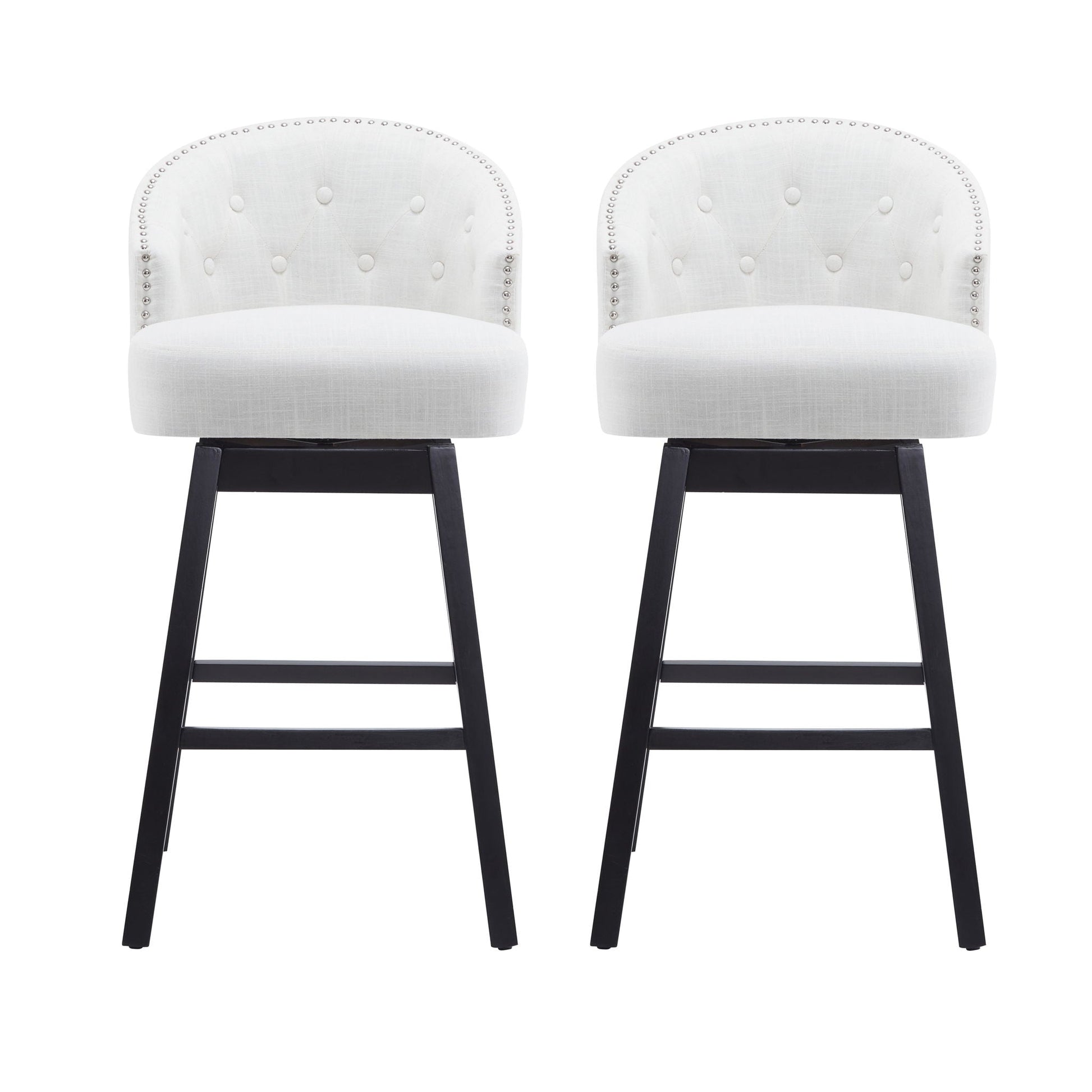 360 Rotation Swivel Counter Stools set of 2 white tufted with nailhead trim and black legs on Tampa Home & Garden Store