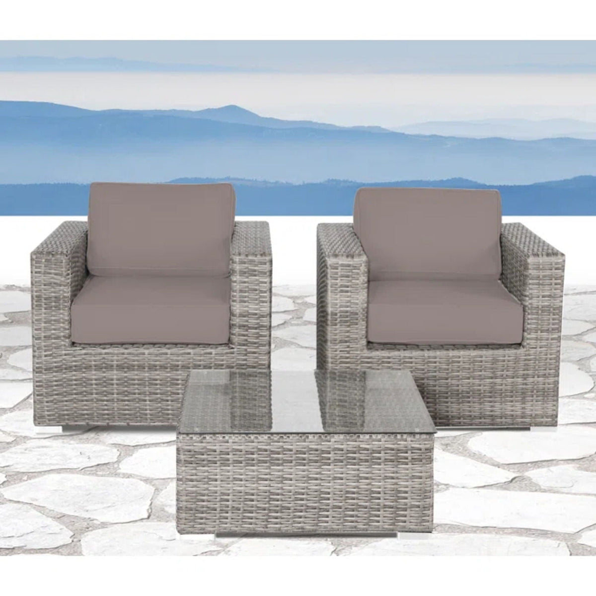 3-Piece wicker outdoor seating set with taupe cushions and glass-top coffee table HouseOfZazla on Tampa Home & Garden Store