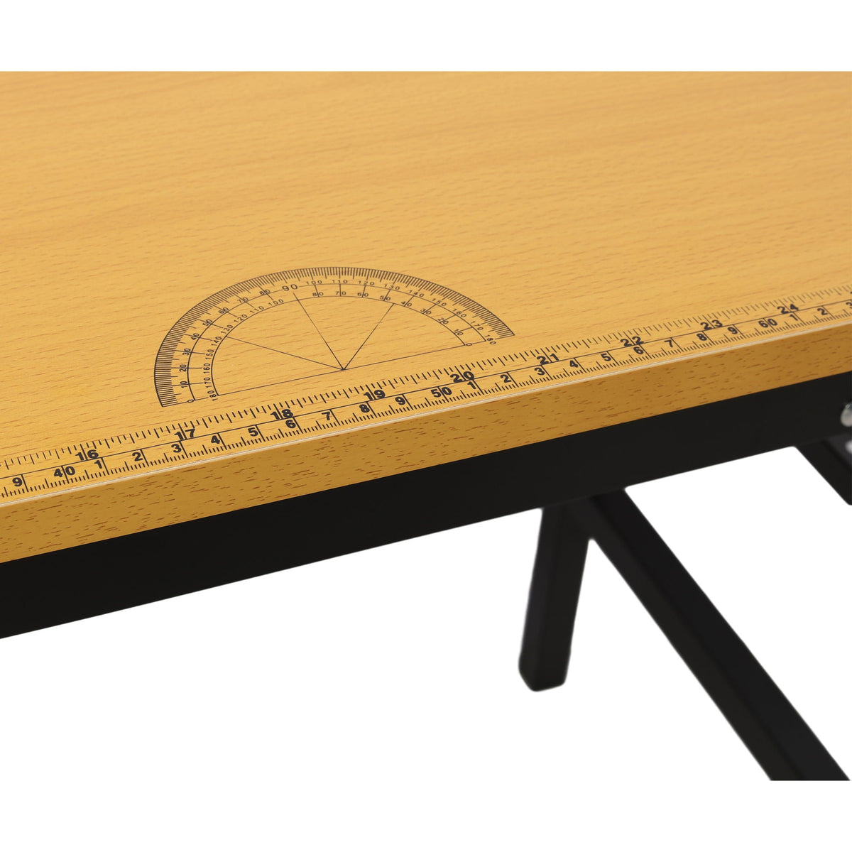 Portable folding work table with light wood top and black frame, measuring tape and angle finder on Tampa Home & Garden Store