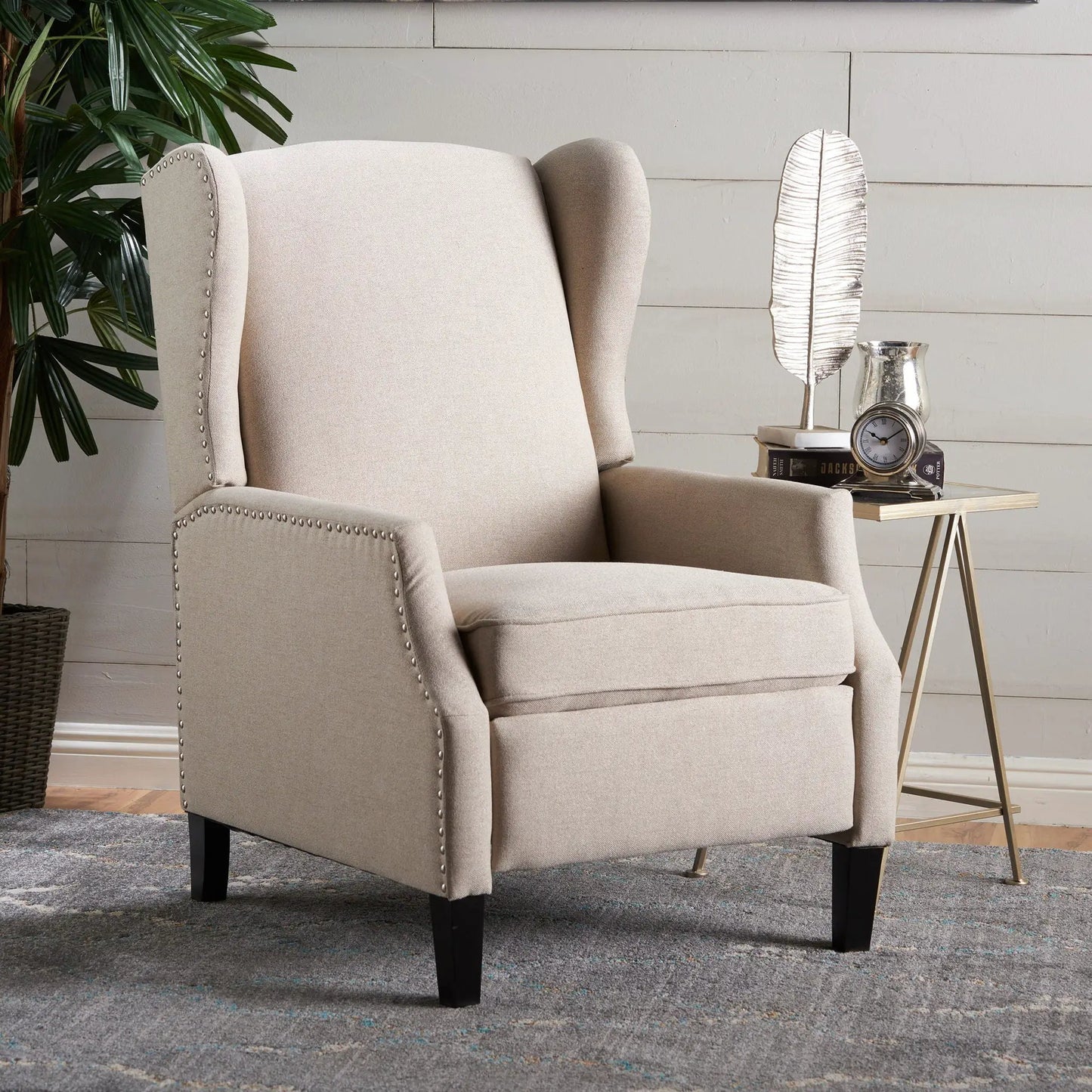 Westeros wing back fabric upholstered recliner beige with nailhead trim Unique Piece Furniture on Tampa Home & Garden Store