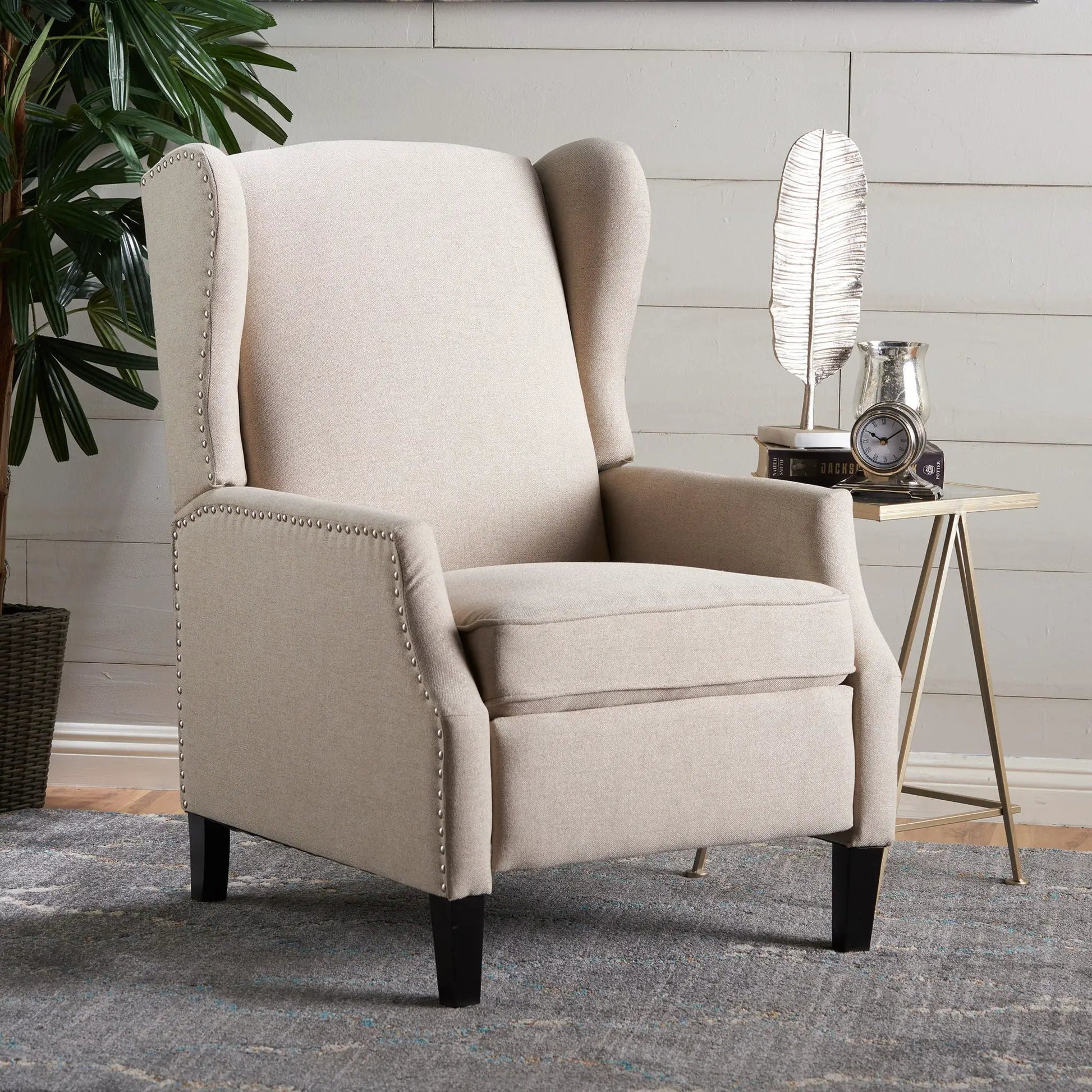 Westeros wing back fabric upholstered recliner beige with nailhead trim Unique Piece Furniture on Tampa Home & Garden Store