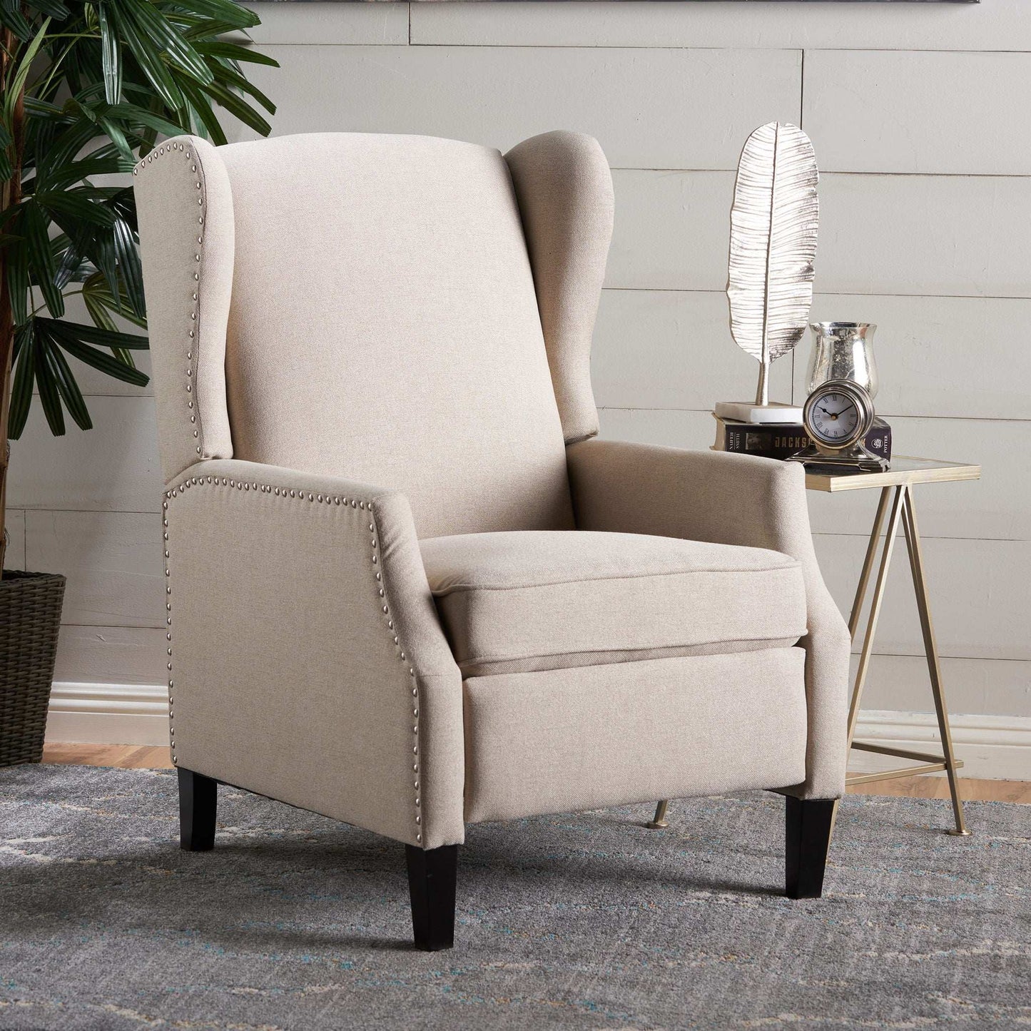 Westeros Wing Back Fabric Upholstered Recliner beige fabric with nailhead trim by HouseOfZazla on Tampa Home & Garden Store