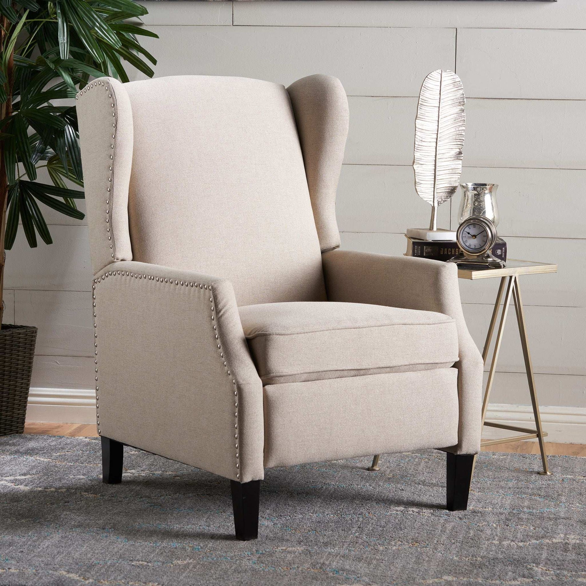 Westeros Wing Back Fabric Upholstered Recliner beige fabric with nailhead trim by HouseOfZazla on Tampa Home & Garden Store