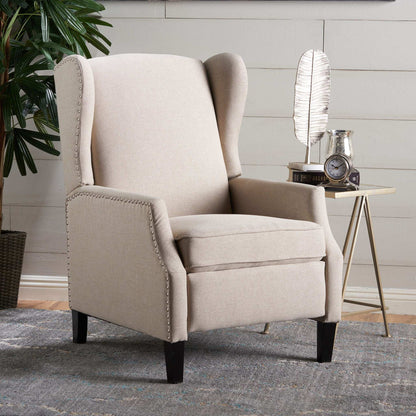 Westeros Wing Back Fabric Upholstered Recliner beige fabric with nailhead trim by HouseOfZazla on Tampa Home & Garden Store