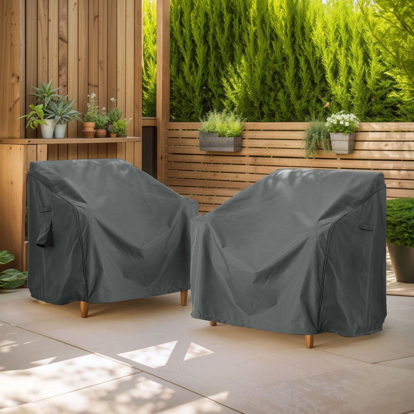 Shield Outdoor Patio Club Chair Cover by HouseOfZazla, dark gray waterproof fabric pair on Tampa Home & Garden Store