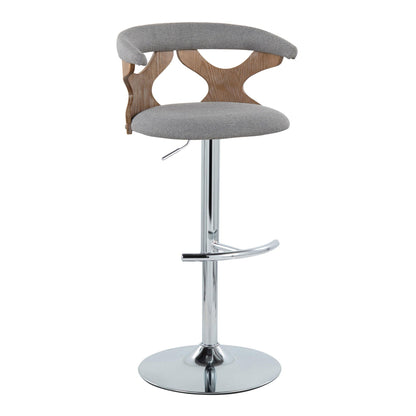 Contemporary adjustable barstool with swivel, gray fabric upholstery and wooden back on Tampa Home & Garden Store