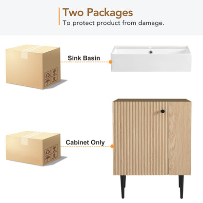 Bathroom vanity cabinet by HouseOfZazla in wood finish with black legs; two shipping boxes on Tampa Home & Garden Store