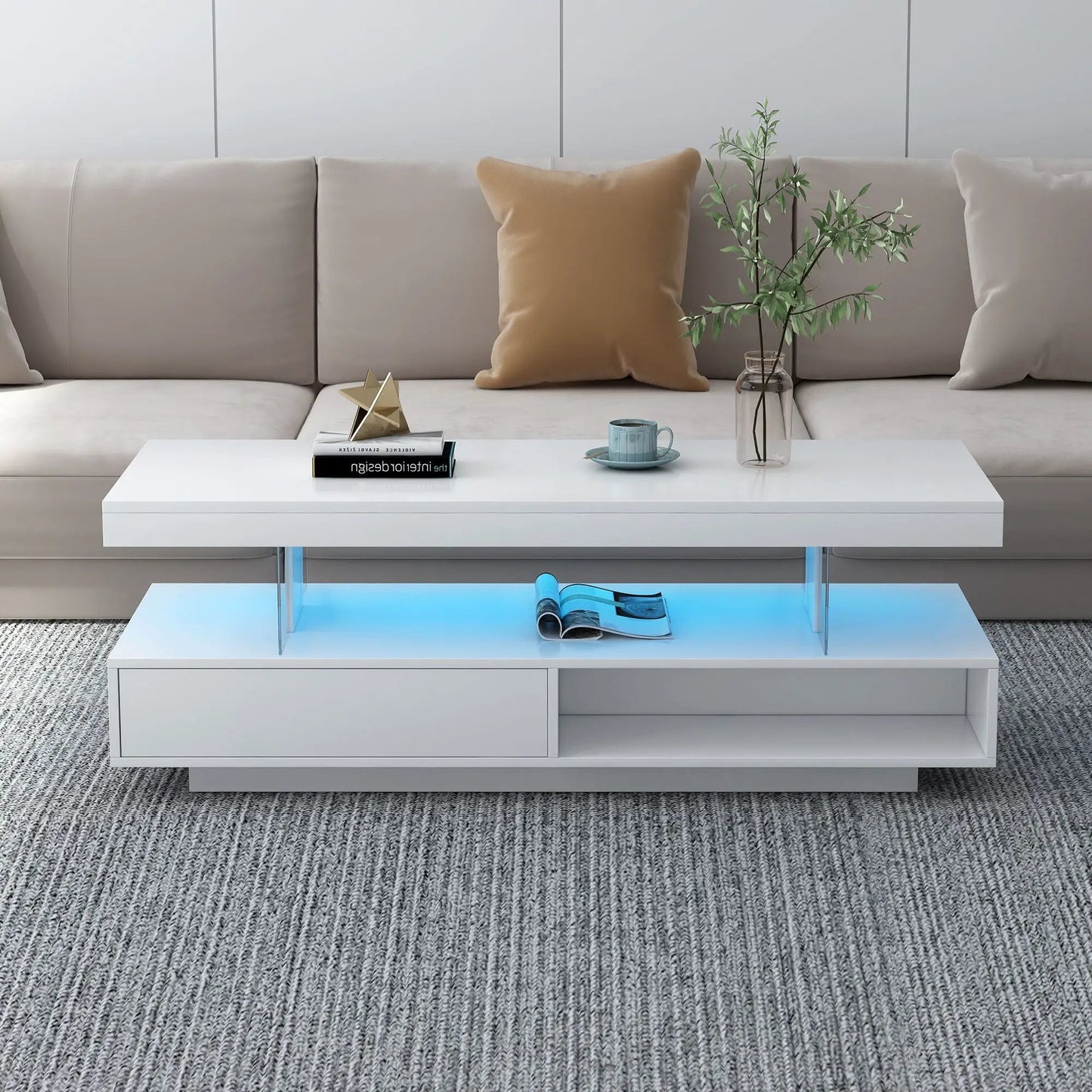LED coffee table by Unique Piece Furniture with 2 drawers and display shelves, blue glow on Tampa Home & Garden Store