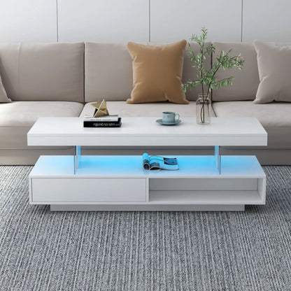 LED coffee table by Unique Piece Furniture with 2 drawers and display shelves, blue glow on Tampa Home & Garden Store