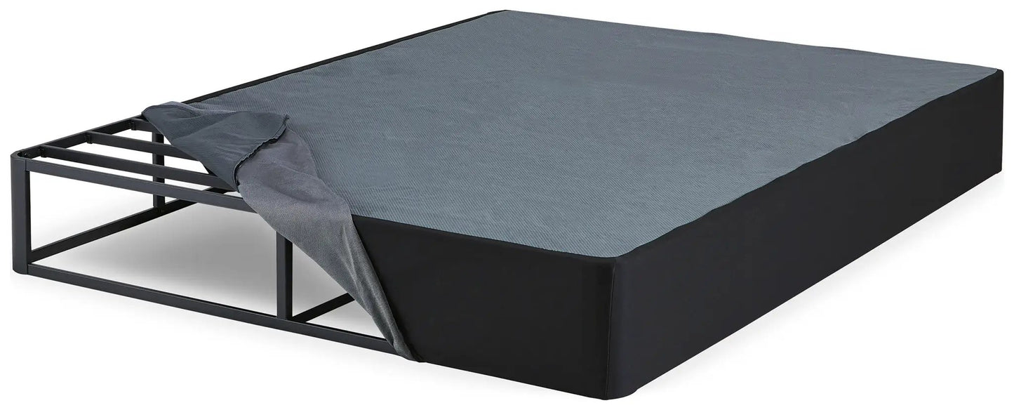 Millennium luxury gel mattress on dark metal foundation frame with blue-gray cover on Tampa Home & Garden Store