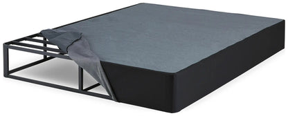 Millennium luxury gel mattress on dark metal foundation frame with blue-gray cover on Tampa Home & Garden Store