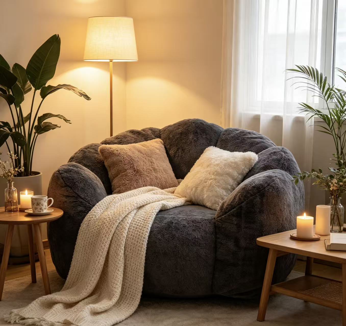 Large Single Petal Cloud Lazy Sofa Chair, charcoal gray plush with beige pillows by HouseOfZazla on Tampa Home & Garden Store
