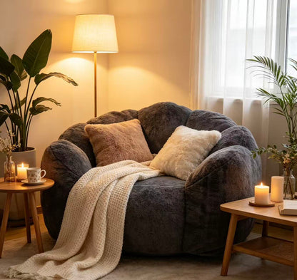 Large Single Petal Cloud Lazy Sofa Chair, charcoal gray plush with beige pillows by HouseOfZazla on Tampa Home & Garden Store