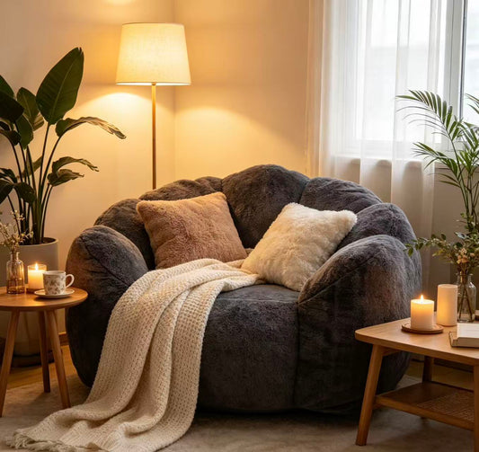 Large Single Petal Cloud Lazy Sofa Chair, charcoal gray plush with beige pillows by HouseOfZazla on Tampa Home & Garden Store
