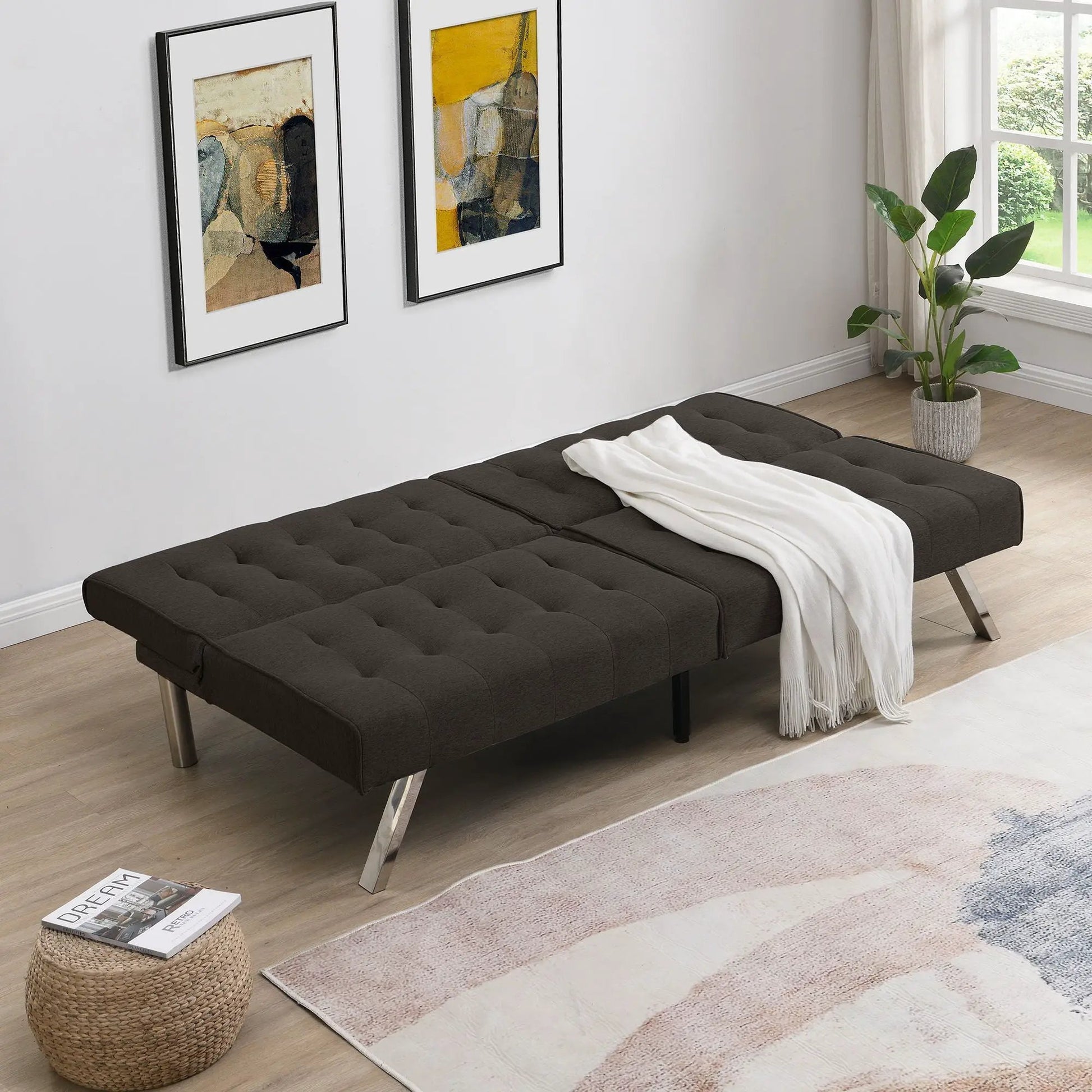 Futon Sofa Bed 2pc set charcoal gray tufted fabric with metal legs Unique Piece Furniture on Tampa Home & Garden Store