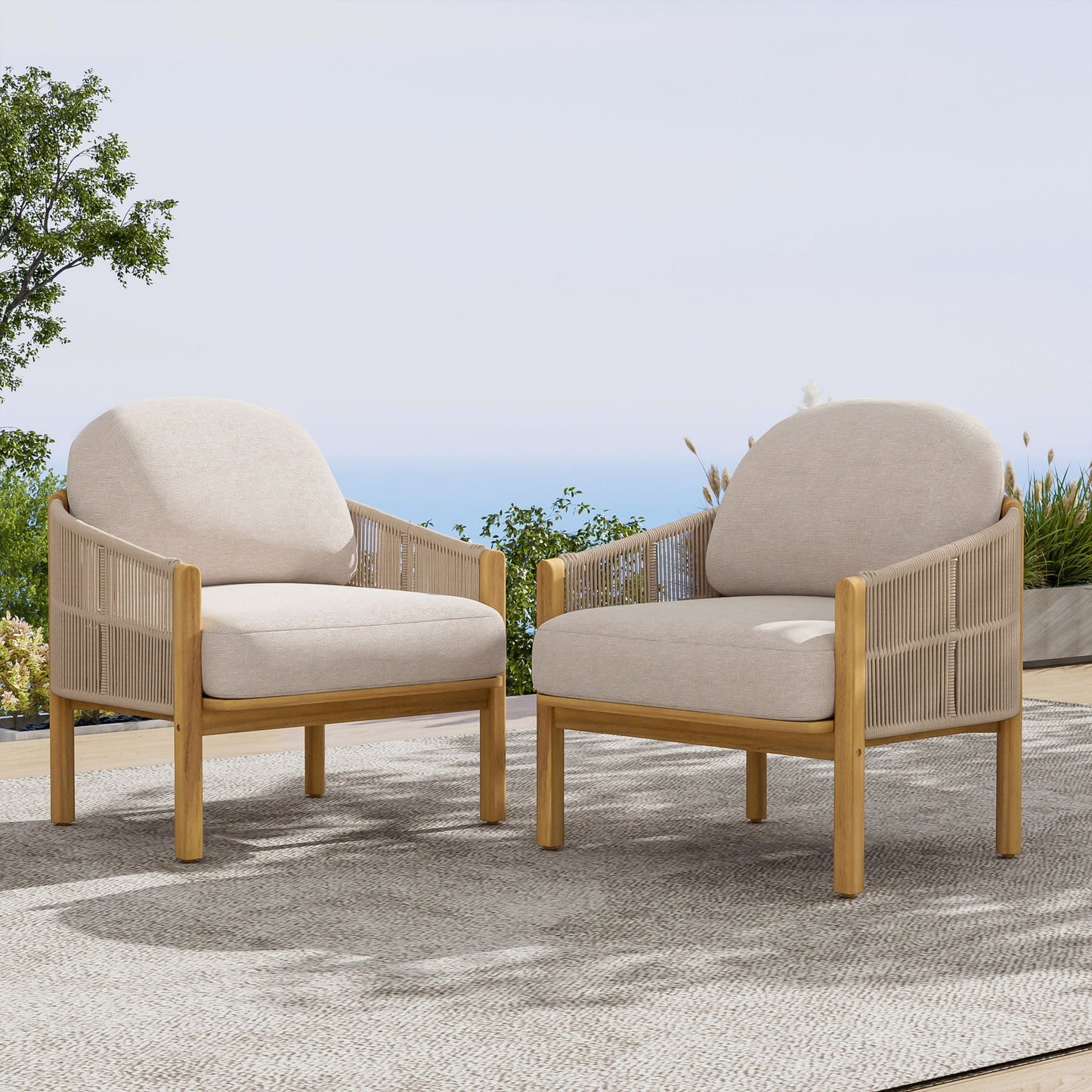 Grotta Outdoor Wood Club Chair Set of 2 with beige cushions and natural wood frame on Tampa Home & Garden Store