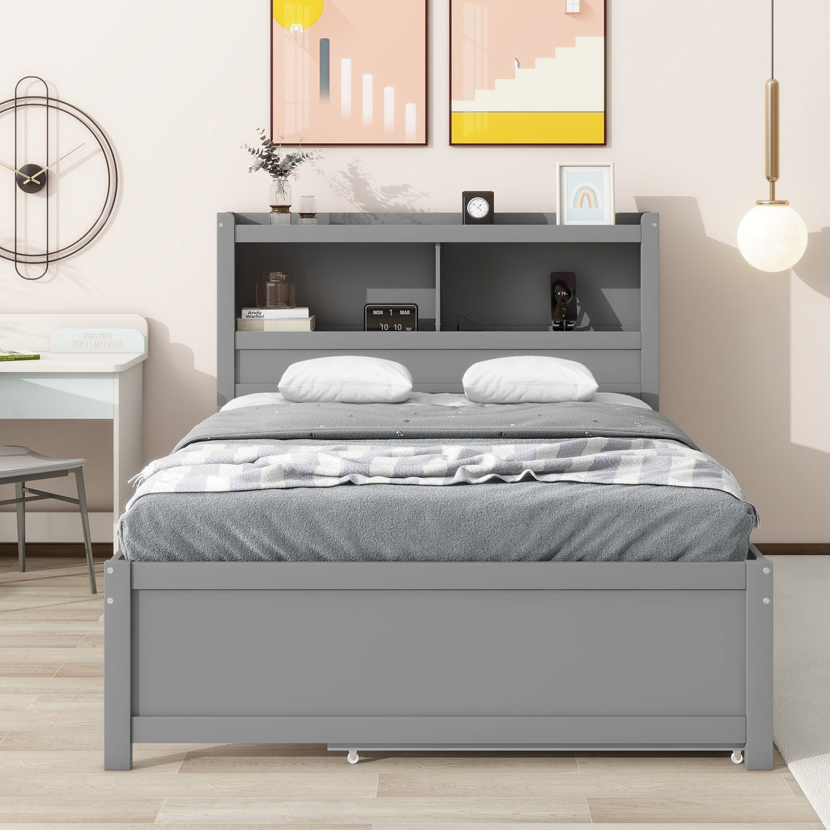 Gray full-size platform bed with trundle, drawers, and built-in shelves by HouseOfZazla on Tampa Home & Garden Store