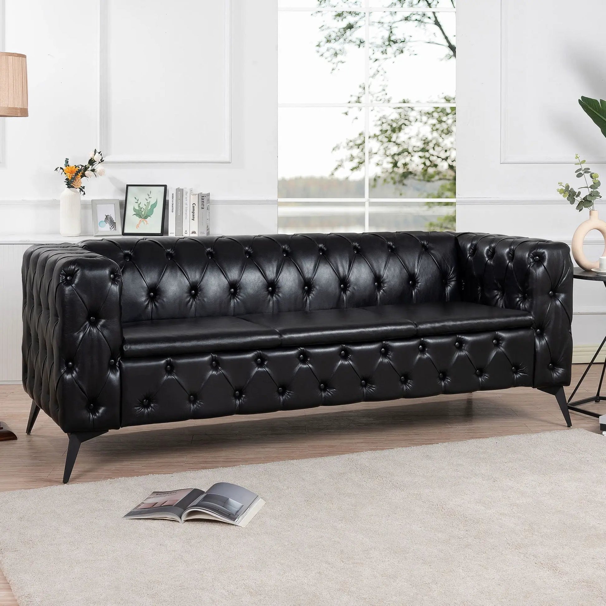 Square Arm Removable Cushion 3 Seater Sofa black tufted leather with metal legs on Tampa Home & Garden Store