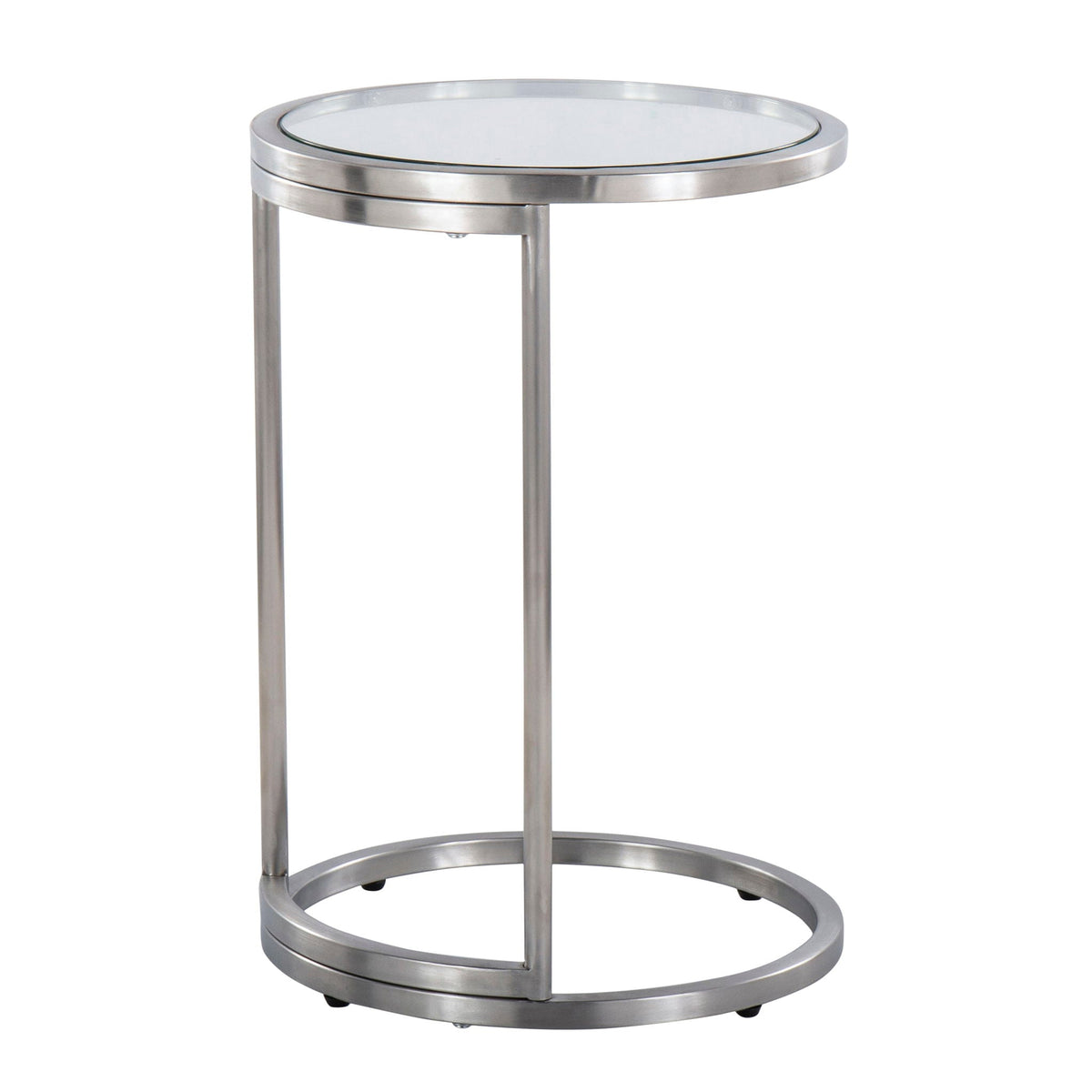 Round tempered-glass end table with chrome metal frame and circular base on Tampa Home & Garden Store