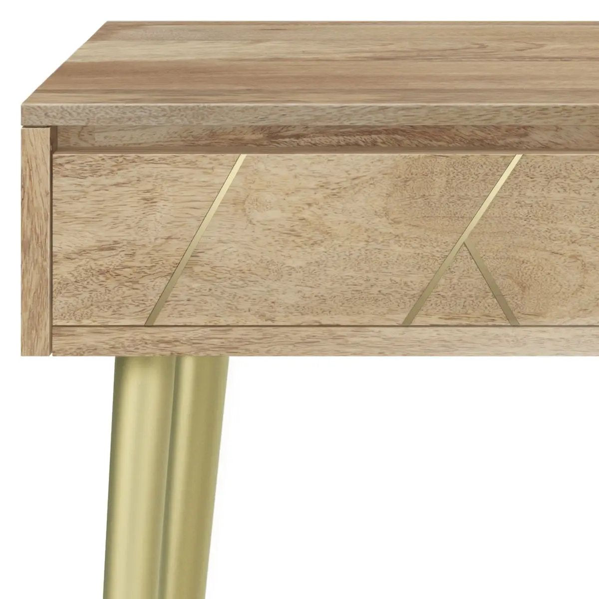 Jager console table natural wood finish with brass X-accent front and gold legs on Tampa Home & Garden Store