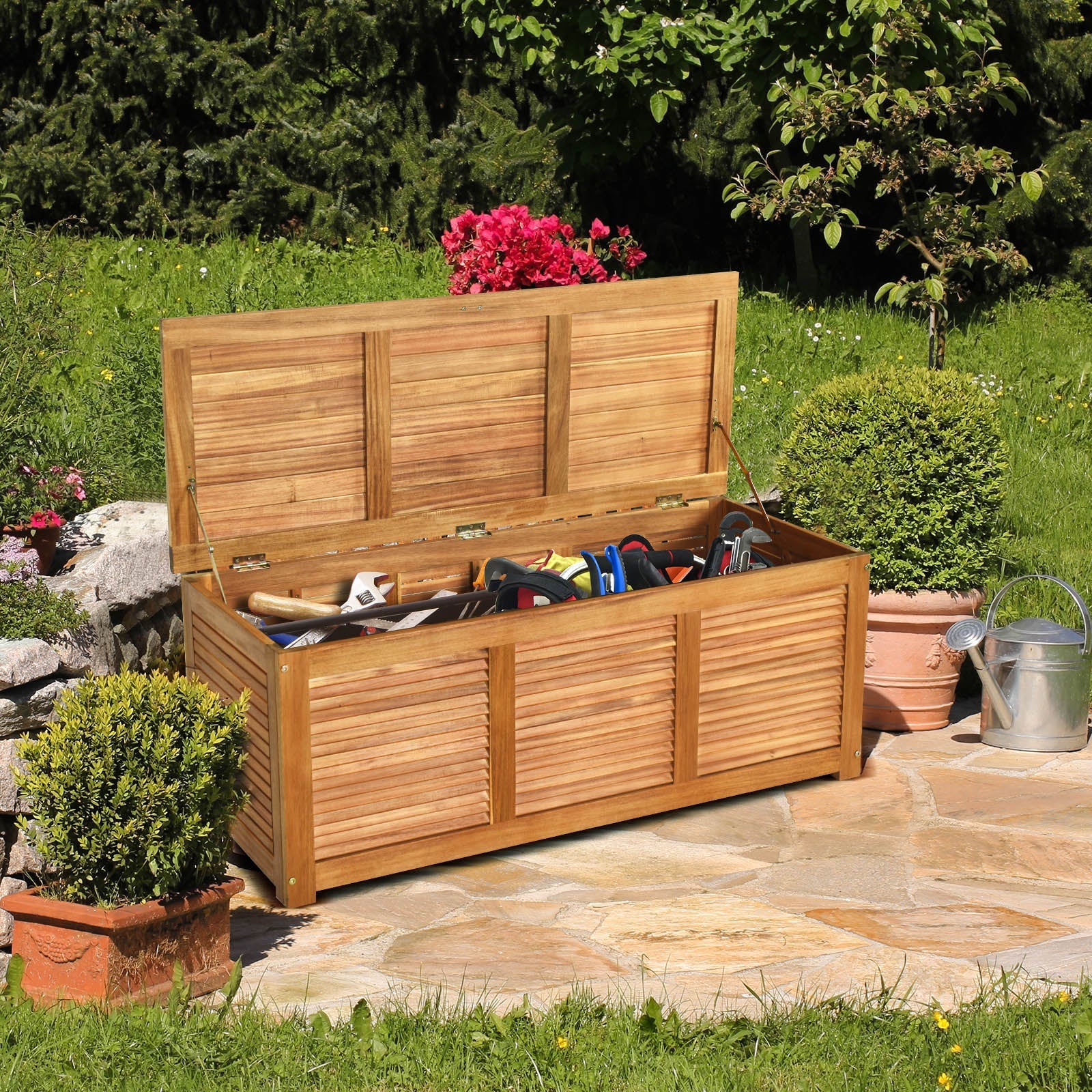 46 Gallon Acacia Wood Storage Bench Box for Patio Garden Deck - Tampa Home & Garden Store