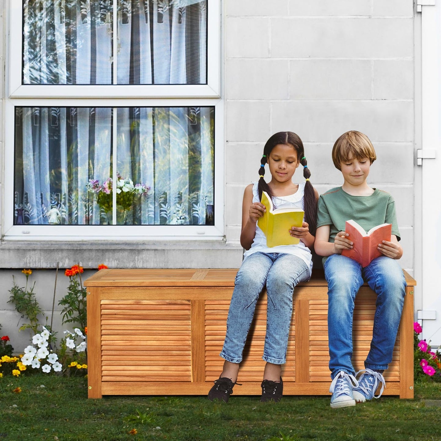 46 Gallon Acacia Wood Storage Bench Box for Patio Garden Deck - Tampa Home & Garden Store