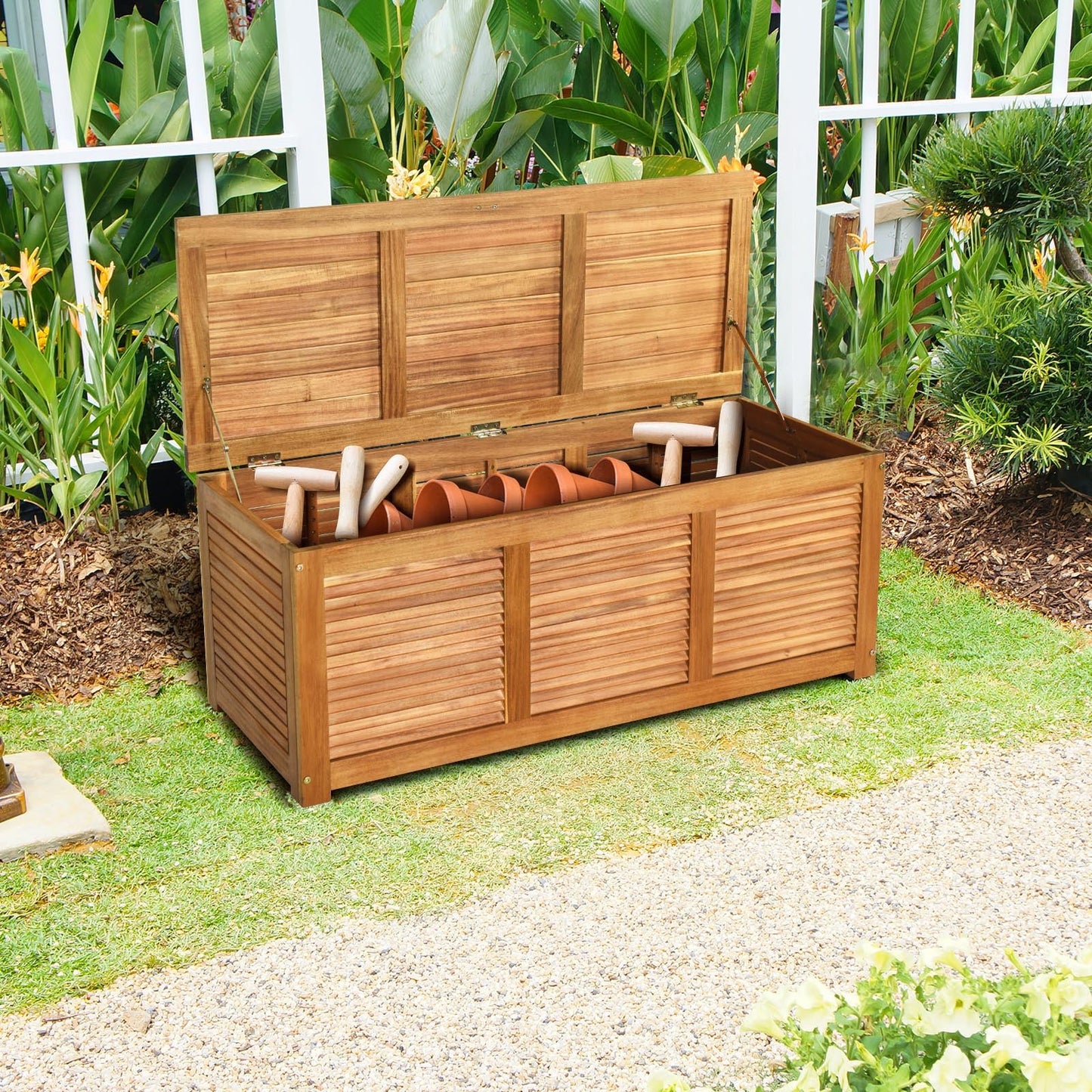 46 Gallon Acacia Wood Storage Bench Box for Patio Garden Deck - Tampa Home & Garden Store