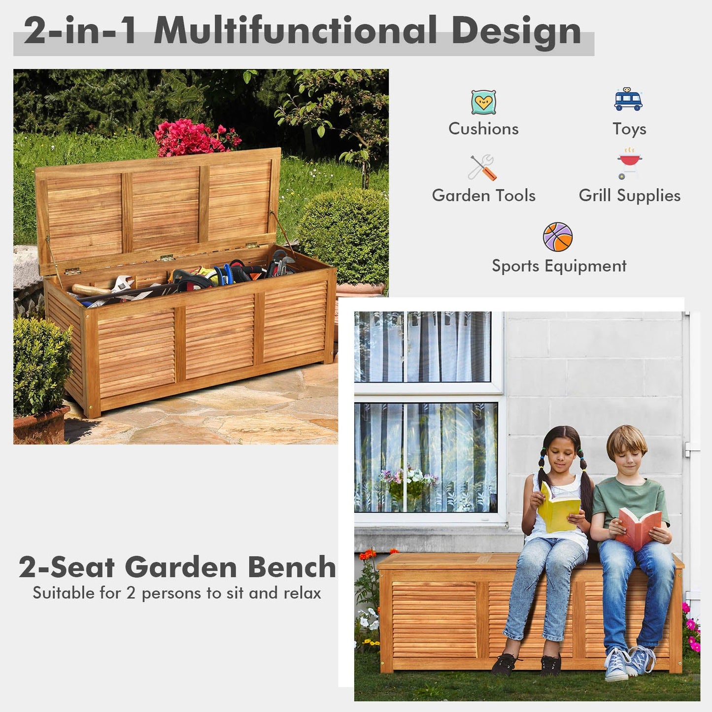 46 Gallon Acacia Wood Storage Bench Box for Patio Garden Deck - Tampa Home & Garden Store