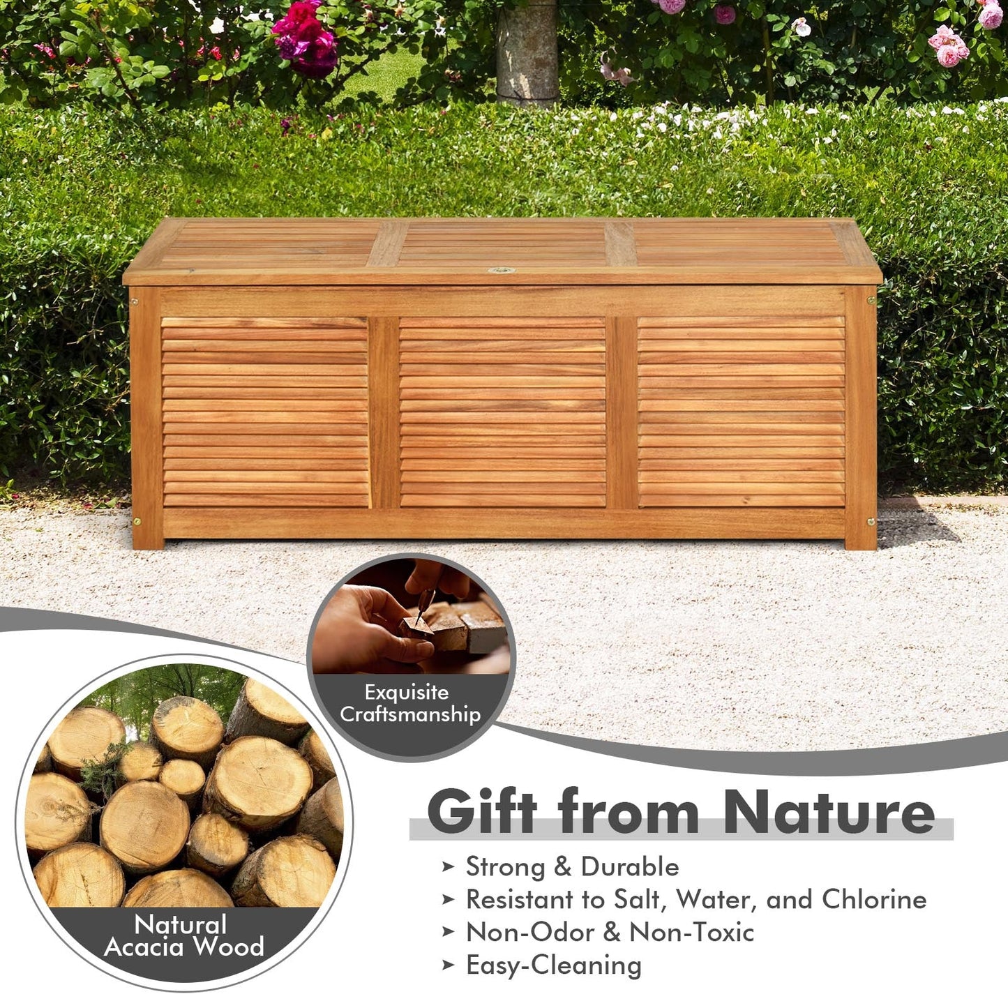 46 Gallon Acacia Wood Storage Bench Box for Patio Garden Deck - Tampa Home & Garden Store