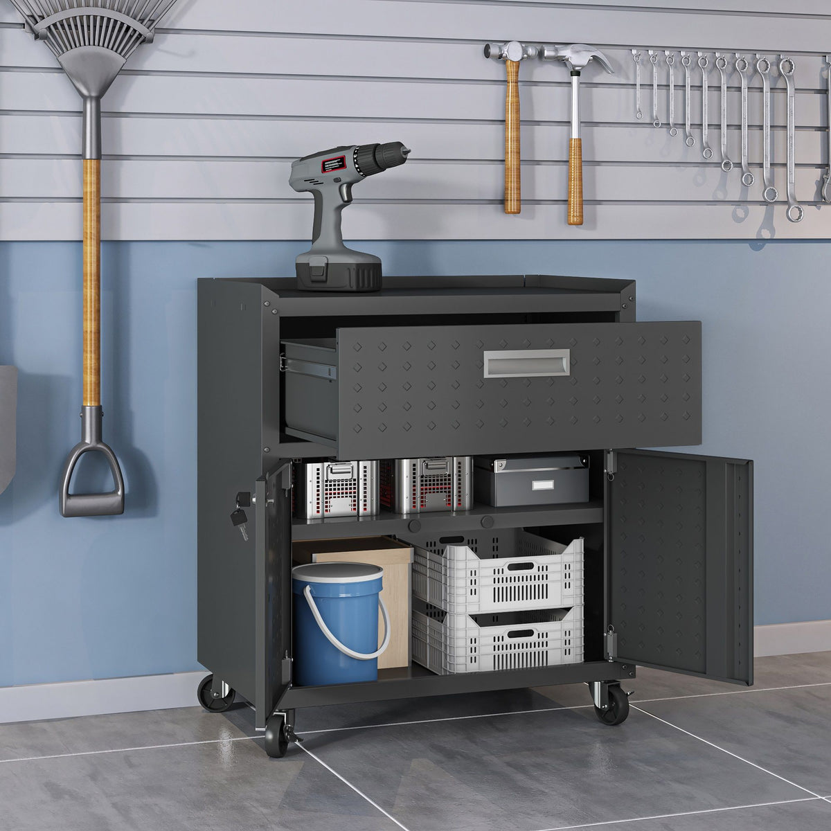Mobile Garage Cabinet with Locking System by HouseOfZazla gray cabinet on wheels with drill on Tampa Home & Garden Store