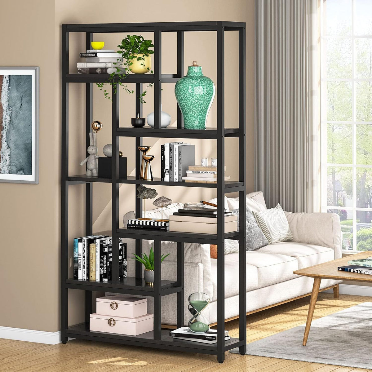 Industrial 7-tier etagere bookcase in black metal frame by HouseOfZazla with books and decor on Tampa Home & Garden Store